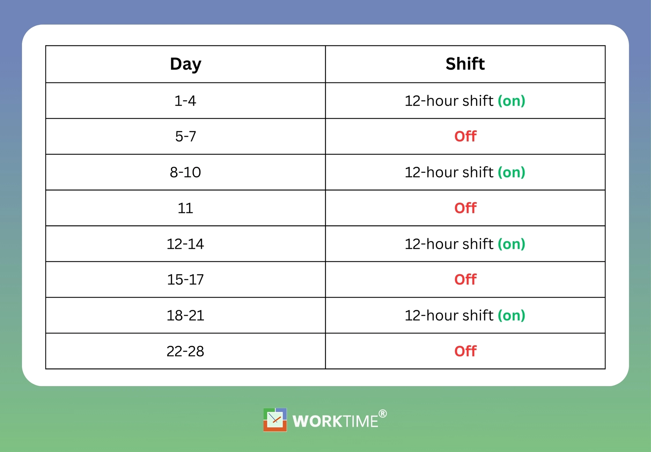 WorkTime - DuPont schedule
