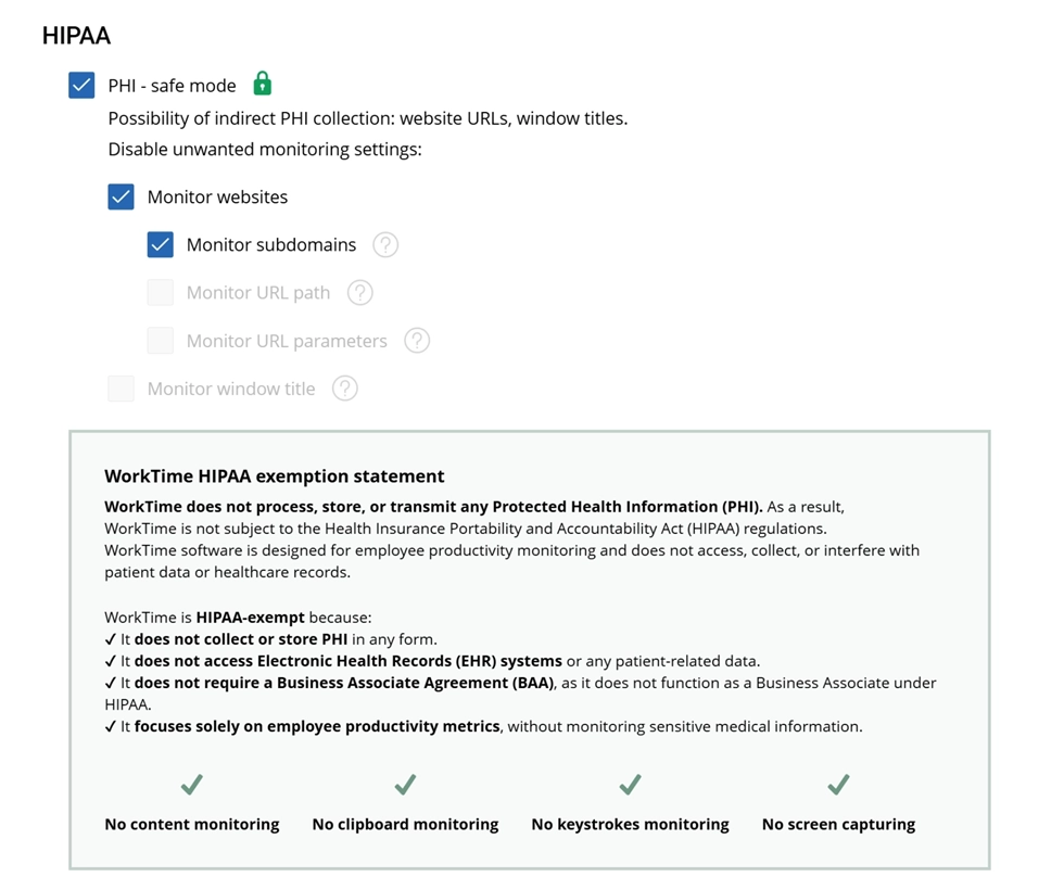 WorkTime employee monitoring HIPAA, PHI-safe mode.