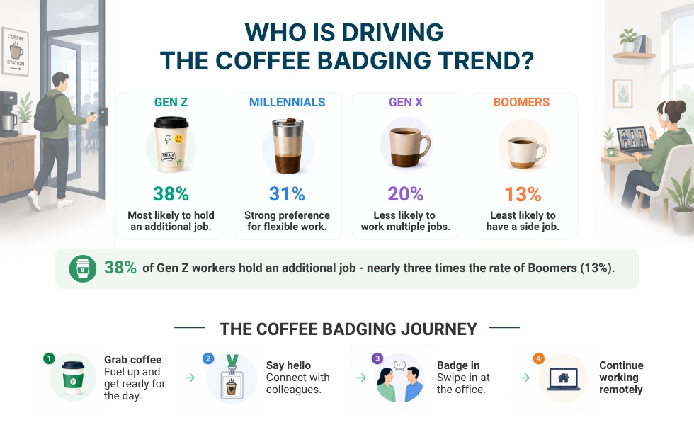 WorkTime Diagramm, das Kaffee-Badging nach Generation hervorhebt.