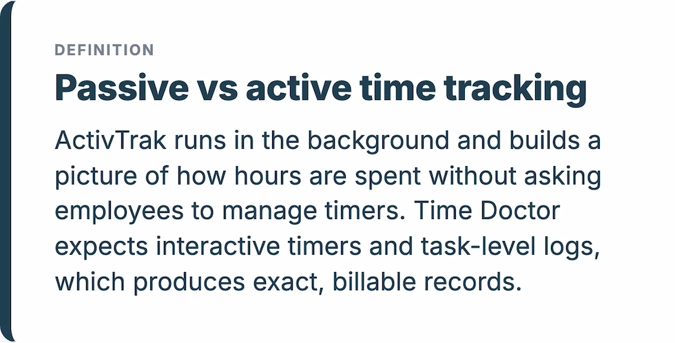WorkTime comparação de rastreamento de tempo passivo e ativo.