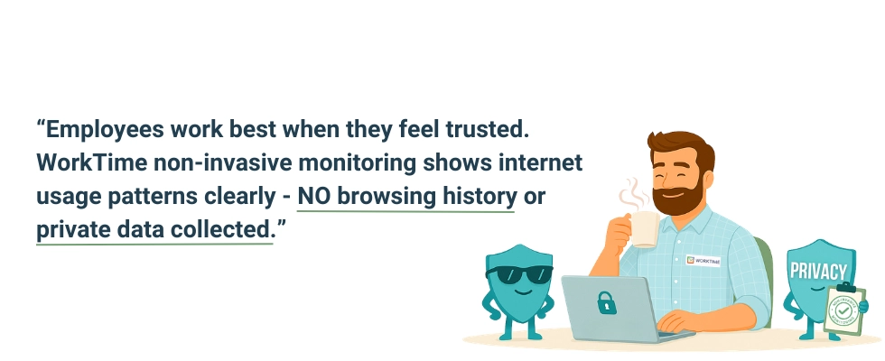 Monitoramento de uso da internet WorkTime sem teclas, capturas de tela, ou dados privados.